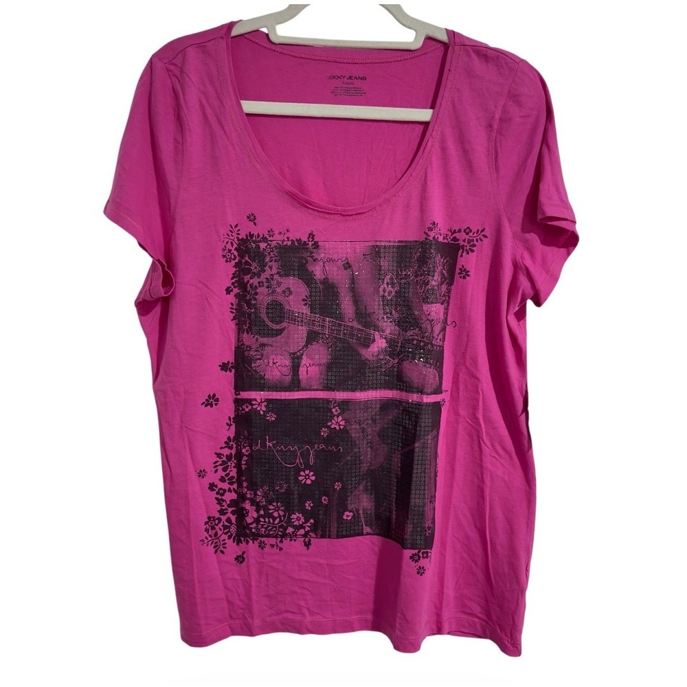 DKNY Jeans Womens Pink Graphic Guitar Sequin Cotton T-Shirt XL KCMUK871
